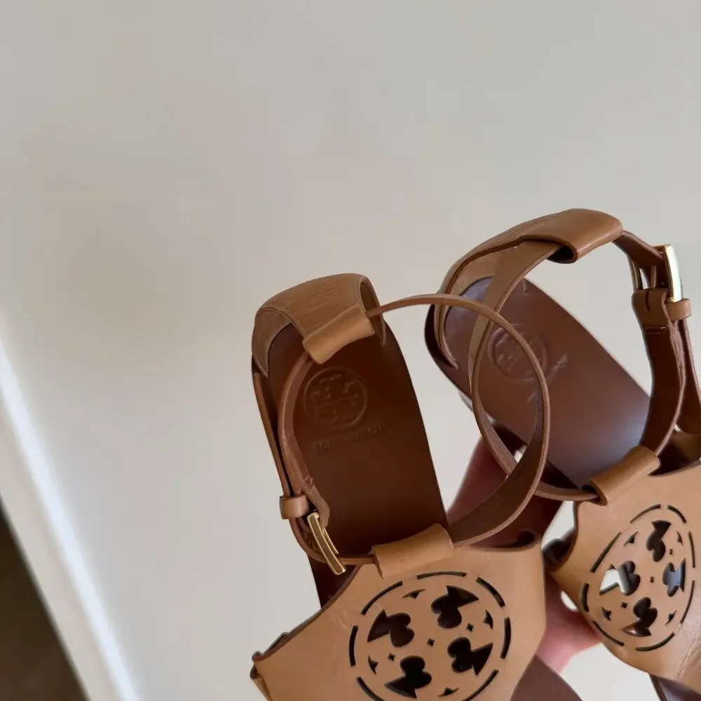 Tory Burch Zoey Leather Logo Thong Strap Wedge Sandals Tan Brown 9.5